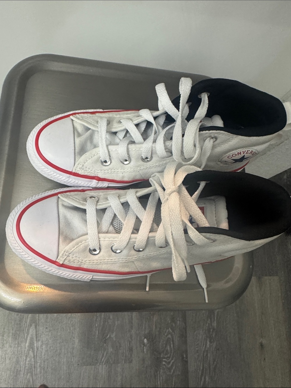 Converse Kids White High-Top Sneakers with Red Stripe and Black Collar